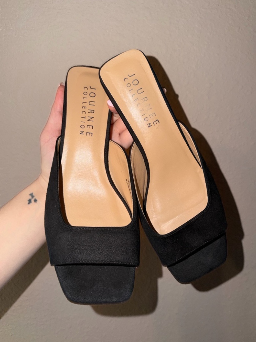 Black suede kitten heel square toe mules